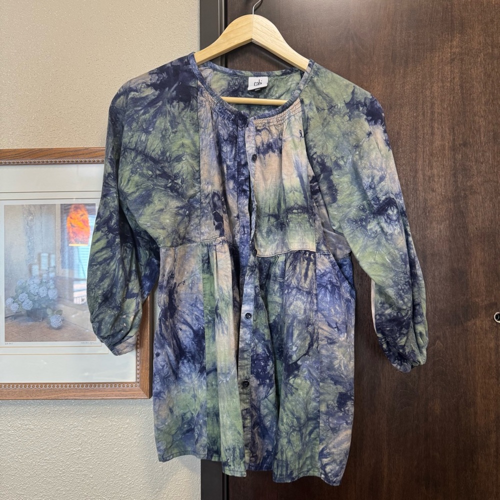 CAbi Lagenlook Oversized Flowy Button Up Blouse Multicolored